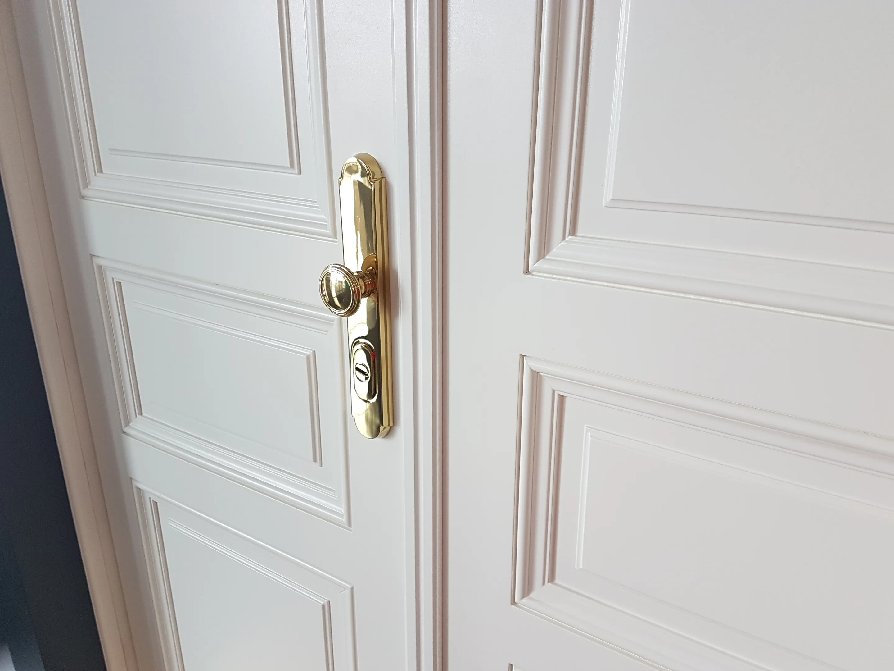 Zweiflügelige Tür in Creme mit kassettierten Füllungen und goldfarbenem Langschild