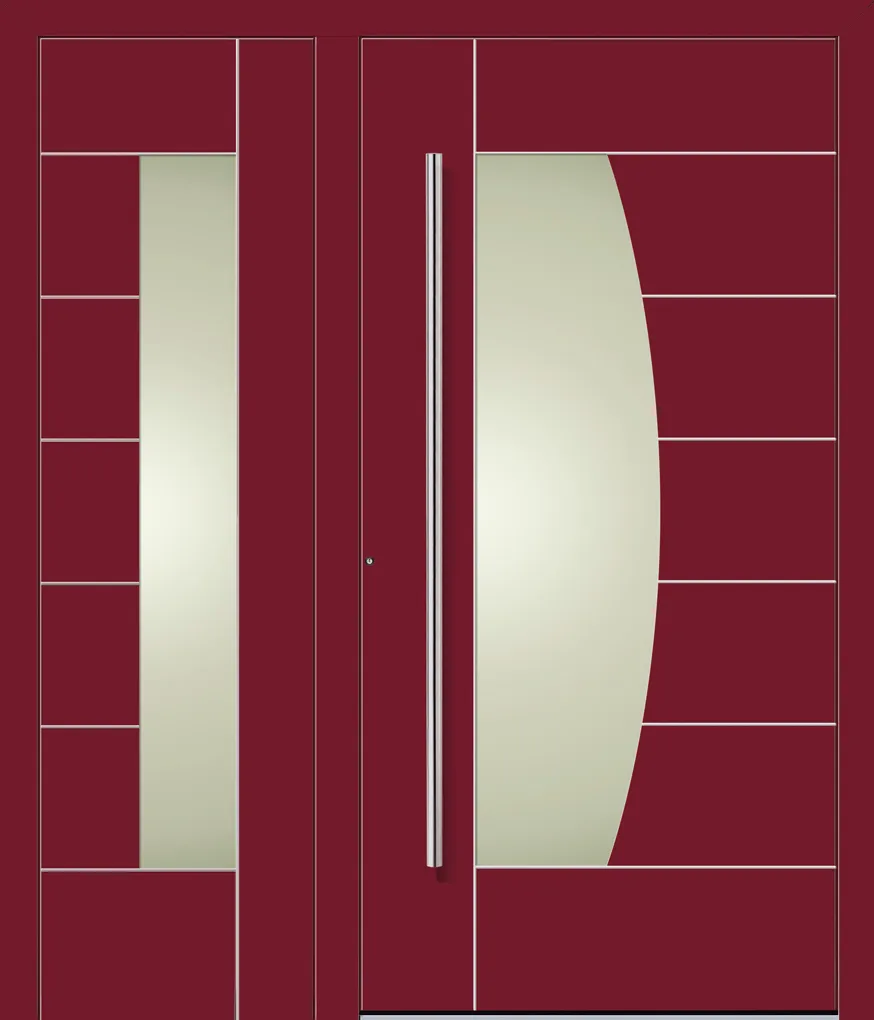 Haustür Ligura ST in Weinrot (RAL 3005) mit Seitenteil, Stangengriff und sichelförmigem Glasfeld